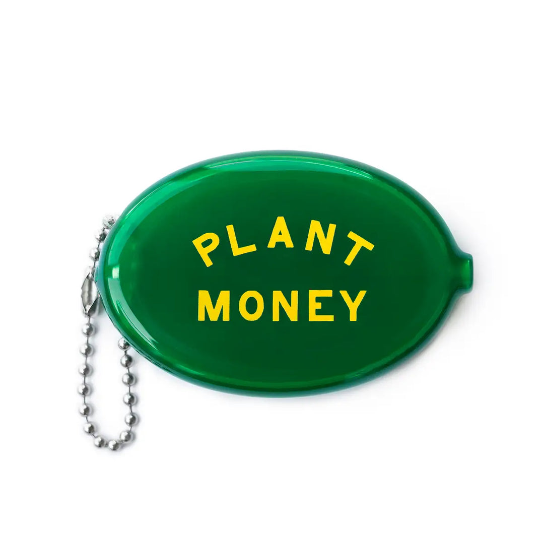 A green oval coin pouch with "Plant Money" printed in yellow letters, featuring a metal ball chain