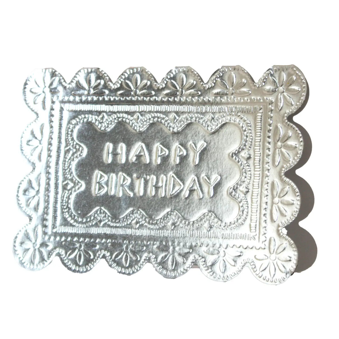 faux tin greeting card with hand drawn folk art details and hand lettering for Happy Birthday