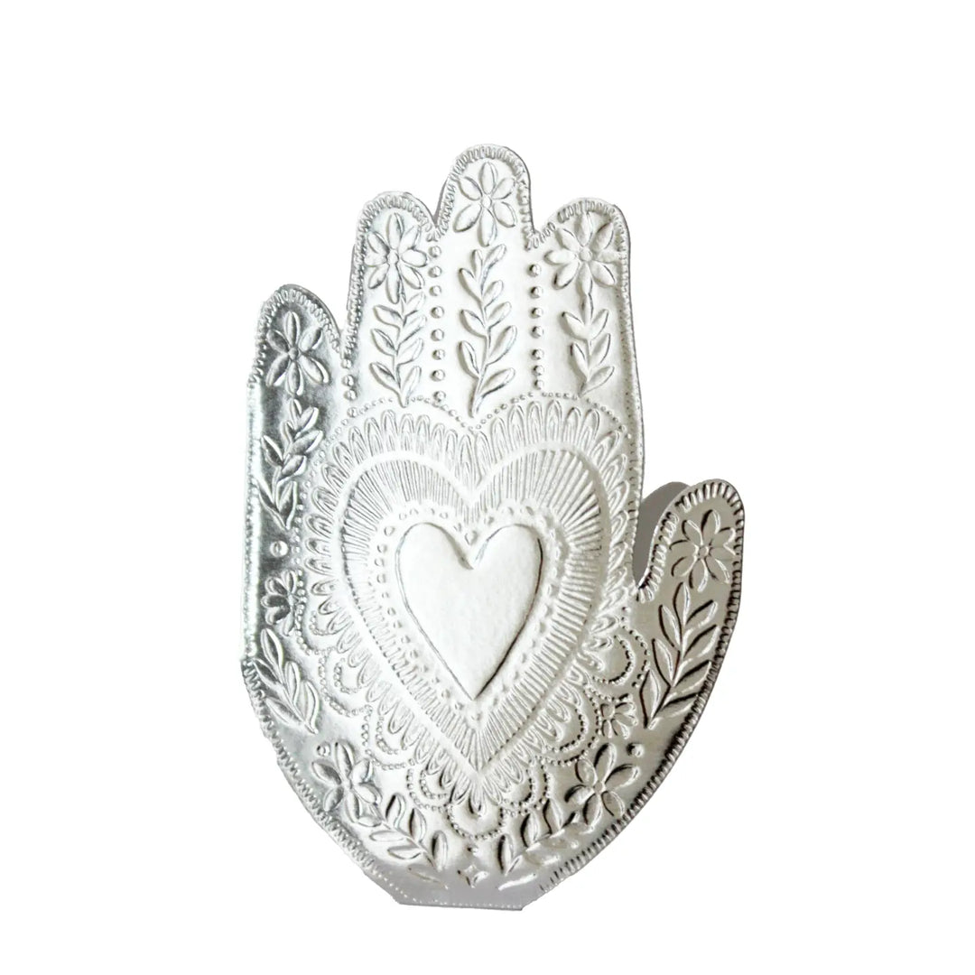 Tin Hamsa Hand with a heart at the center