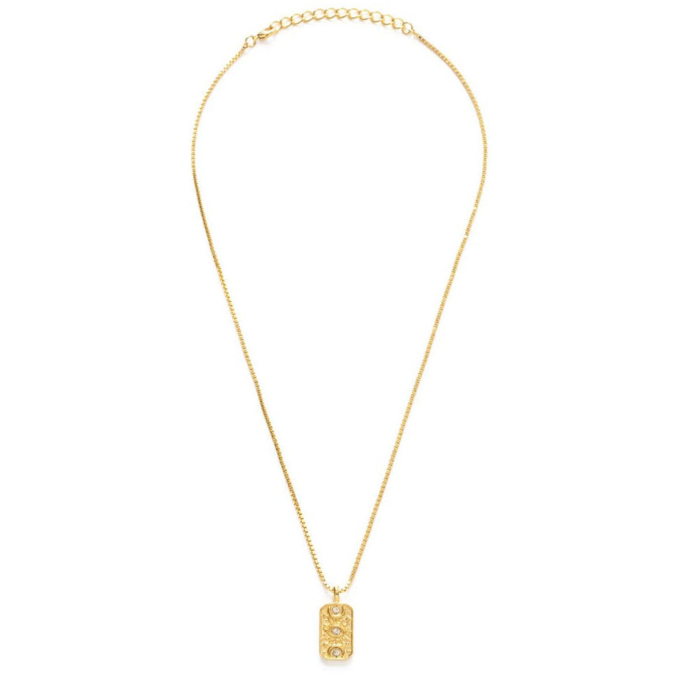 rectangle medallion necklace featuring an eye and two crescent moons with 3 crystals. Brand: Amano Studio