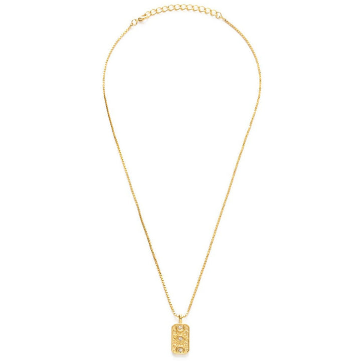 rectangle medallion necklace featuring an eye and two crescent moons with 3 crystals. Brand: Amano Studio