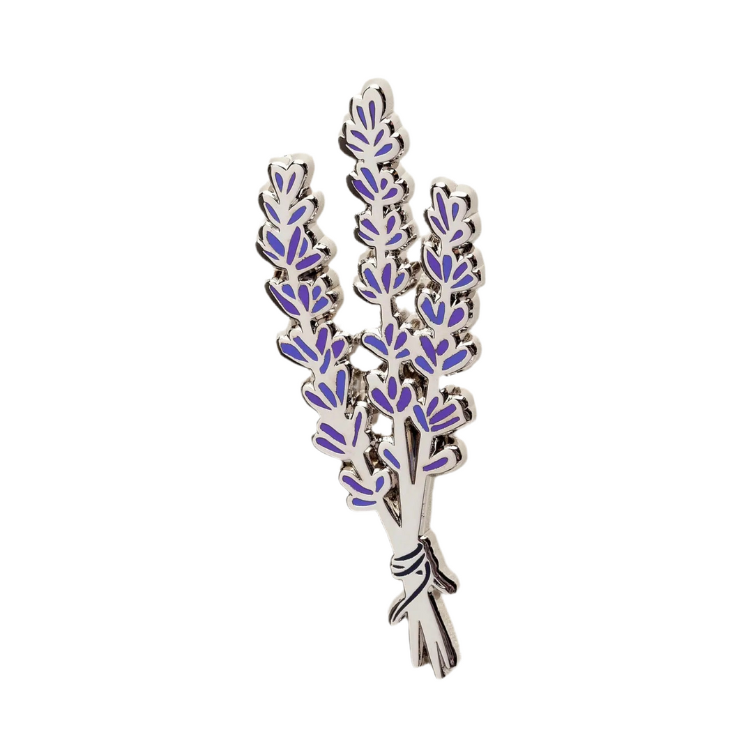 A silver-accented enamel pin featuring a detailed bundle of lavender sprigs with purple flowers, tied together at the stems.