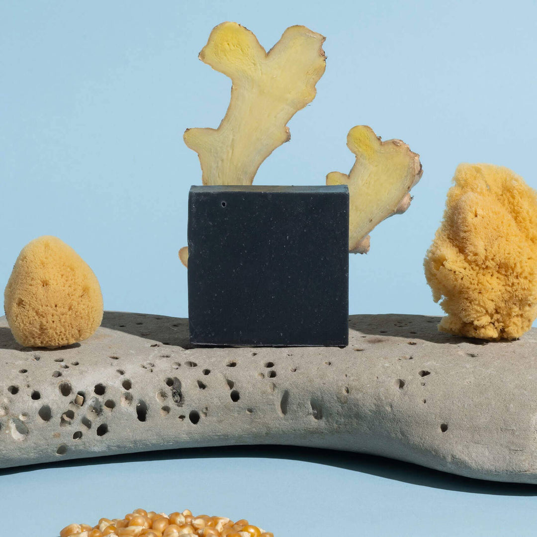 a black bar of soap sitting on a gray stone surrounded by beige sponges with a light blue background. Brand: Temazcal Life