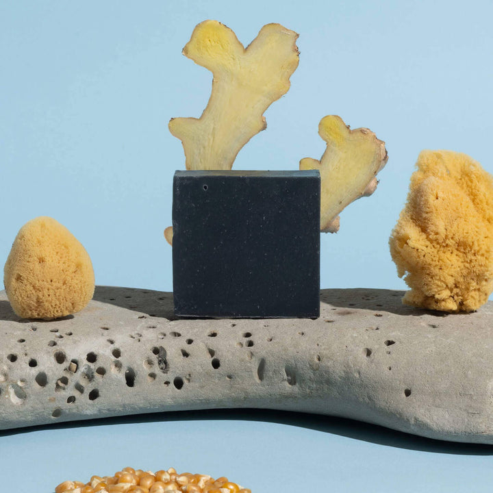 a black bar of soap sitting on a gray stone surrounded by beige sponges with a light blue background. Brand: Temazcal Life