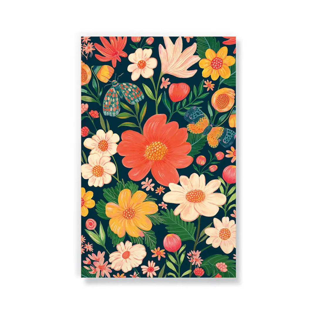 Colorful floral notebook cover with bright orange, yellow, and white flowers, green leaves, and butterflies on a dark background.