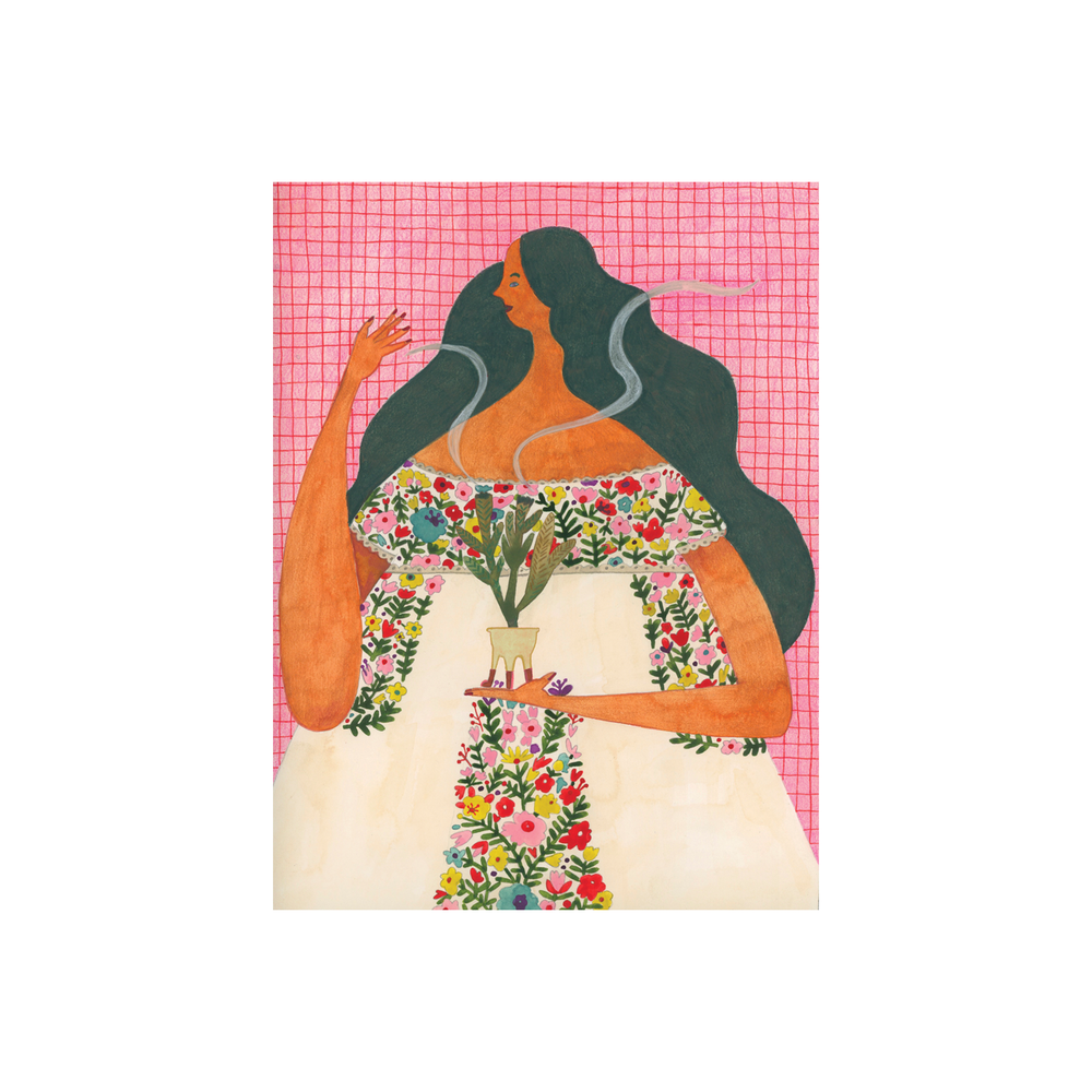 Whimsical illustration of brunette woman wearing a floral blouse holding a copalero containing burning Palma Dulce.