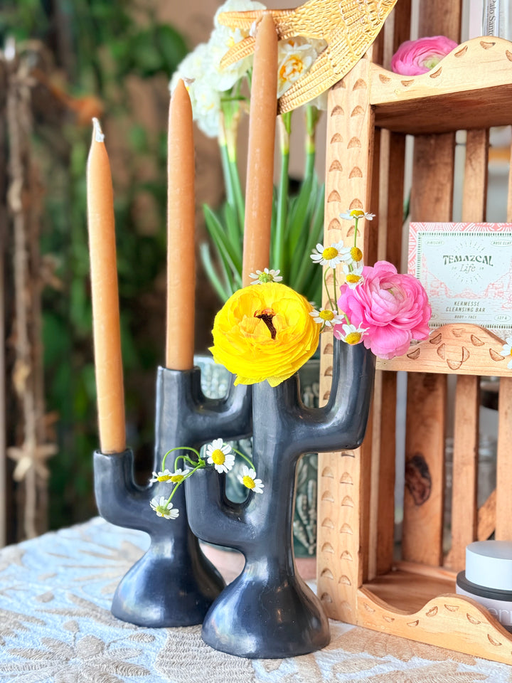 Photo of Black Clay Saguaro Candle Holder with tapered beeswax candles