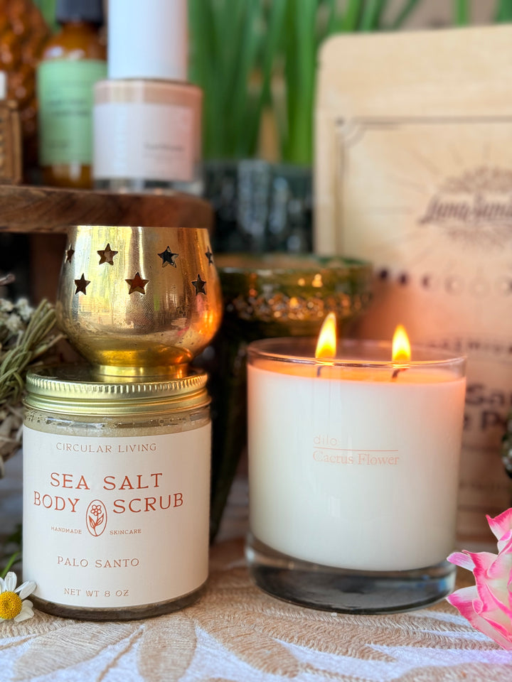 Photo of cactus flower candle with lit wicks