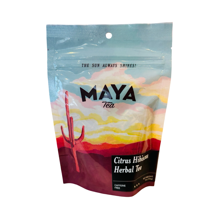 2 oz pouch of Citrus Hibsicus tea by Maya Tea with a desert sunset design.