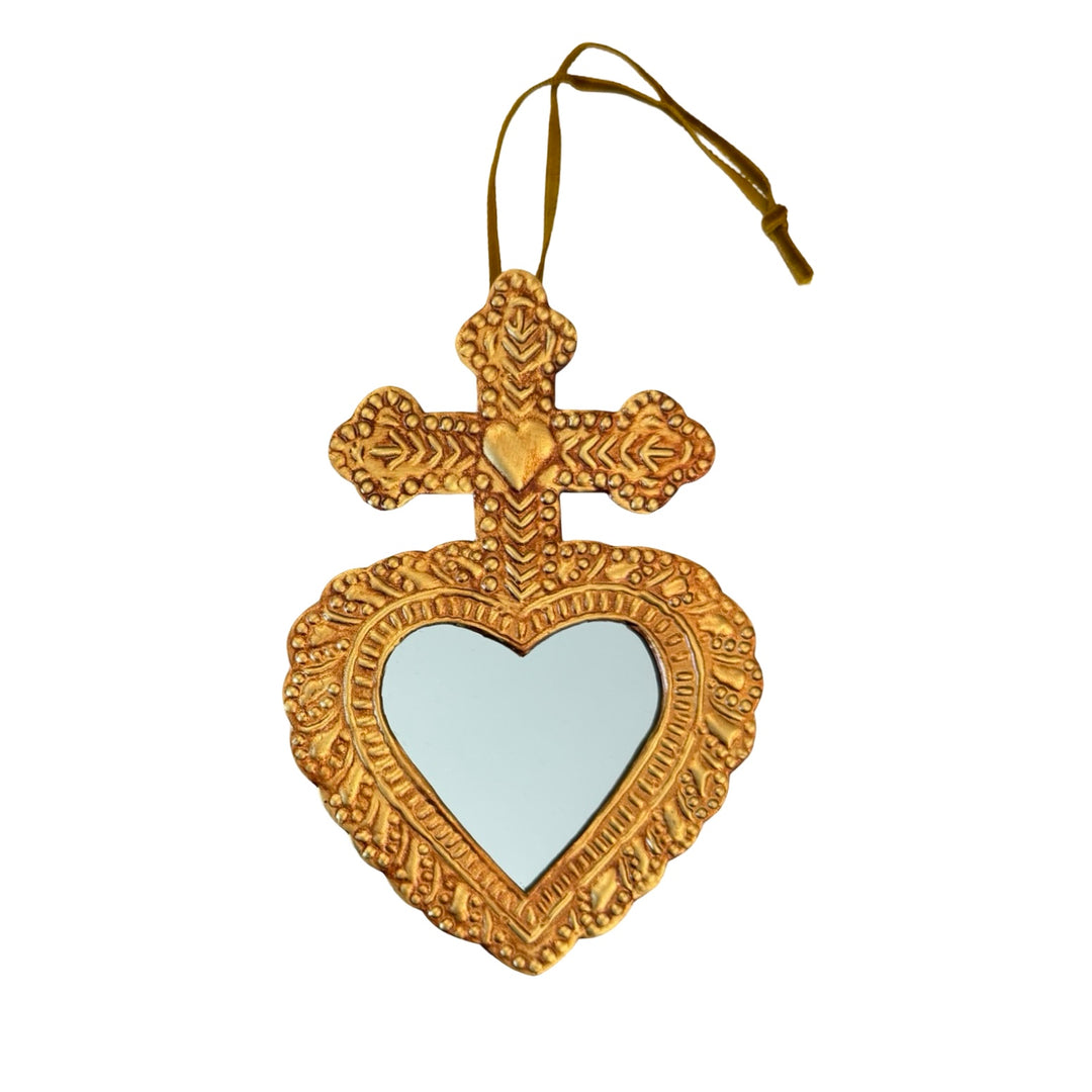 Gold mirror scared heart with a cross and a green velvet string.