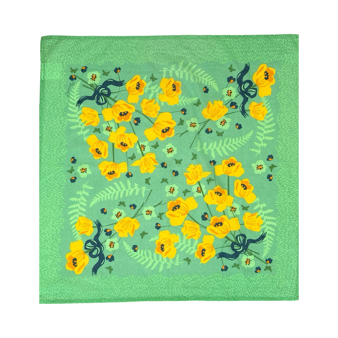 Green cotton handkerchief with a yellow daffodil flowers and leafy accents design.