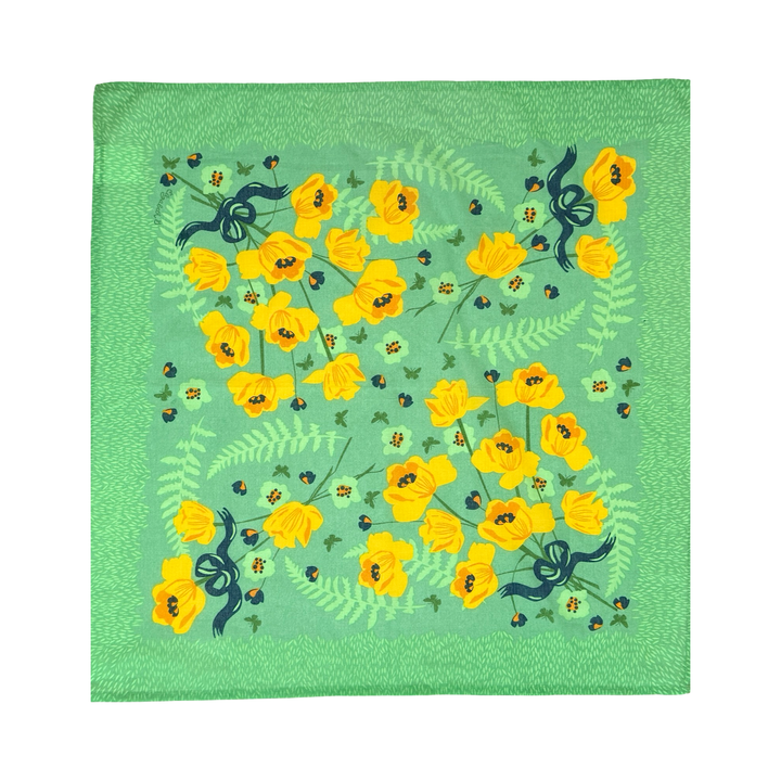 Green cotton handkerchief with a yellow daffodil flowers and leafy accents design.