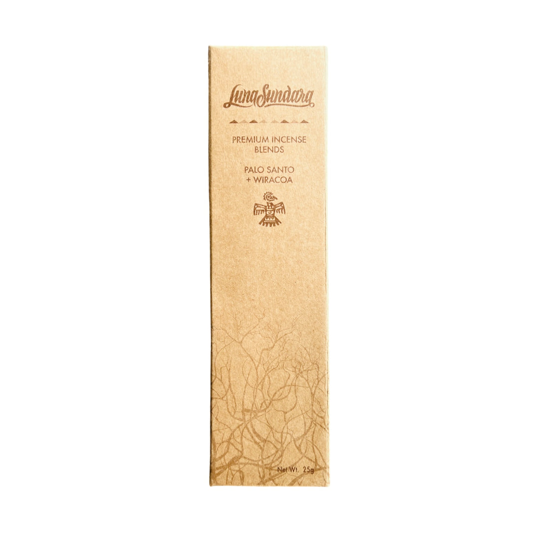 rectangle kraft box of palo santo and and Wiracoa incense sticks.