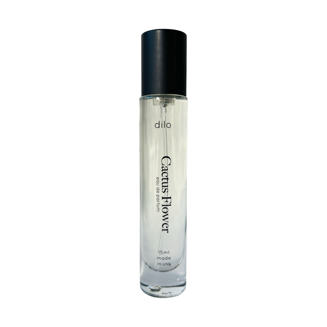 15ml clear perfume roller and black lid with the phrase cactus flower in black lettering.