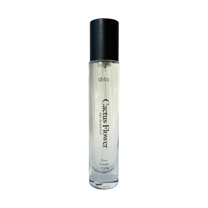 15ml clear perfume roller and black lid with the phrase cactus flower in black lettering.