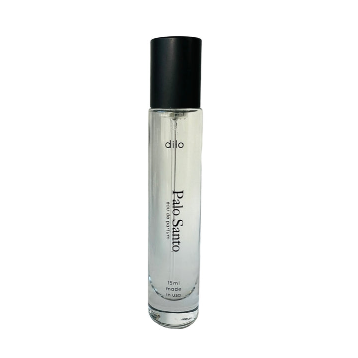 15ml clear perfume roller and black lid with the phrase palo santo in black lettering.