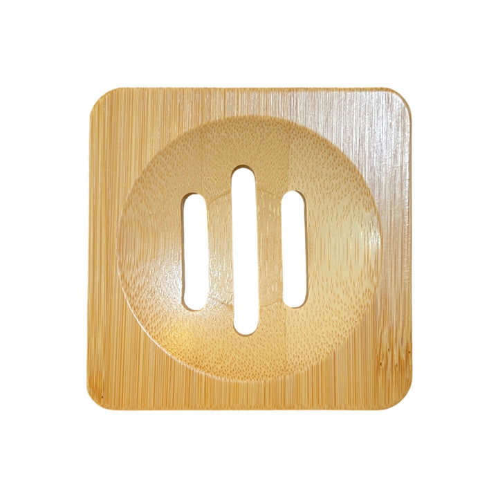 Square wooden soap dish made from bamboo, featuring a recessed center with three drainage slots