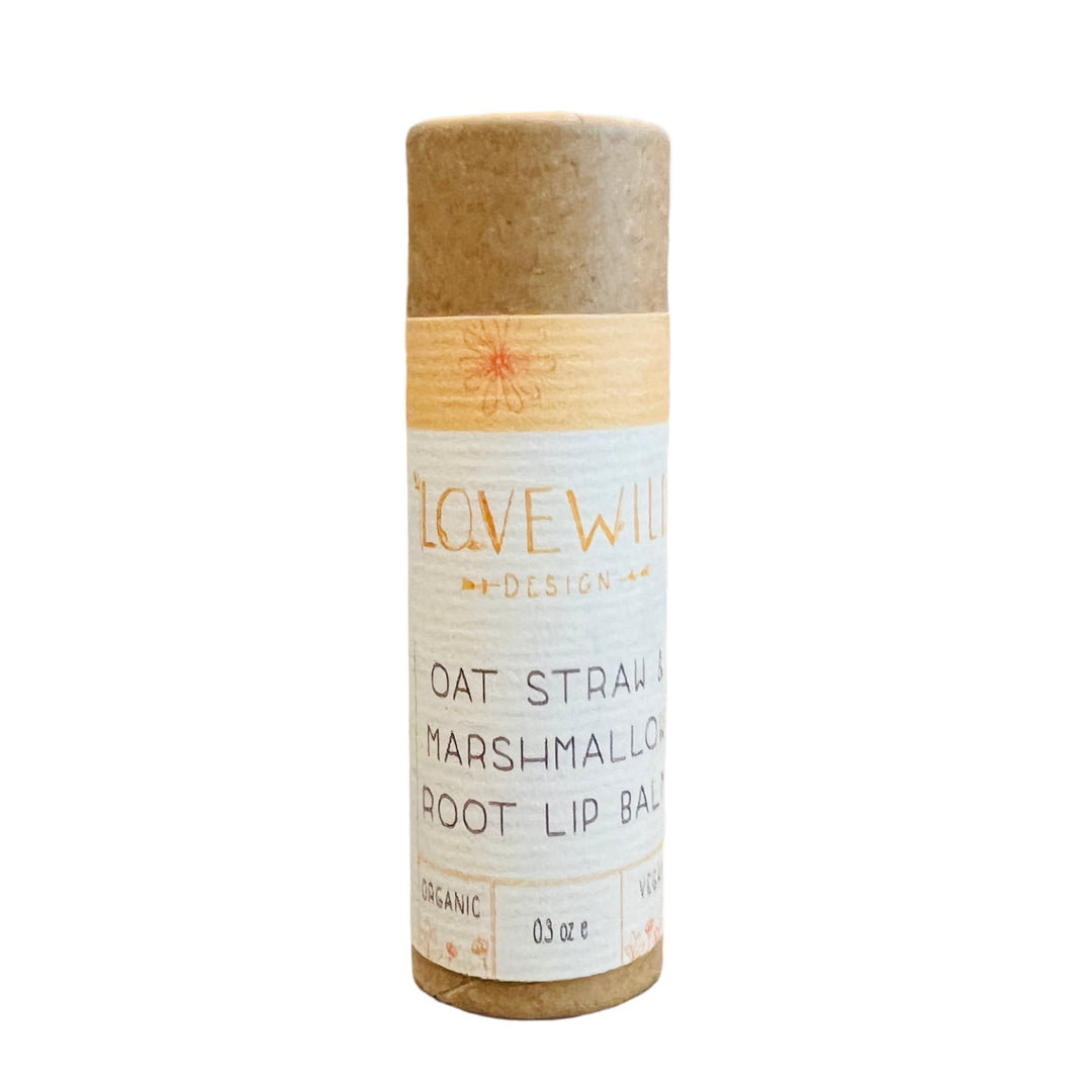 A biodegradable 0.3oz tube of Oat Straw + Marshmallow Root Lip Balm with white and light orange branded label.