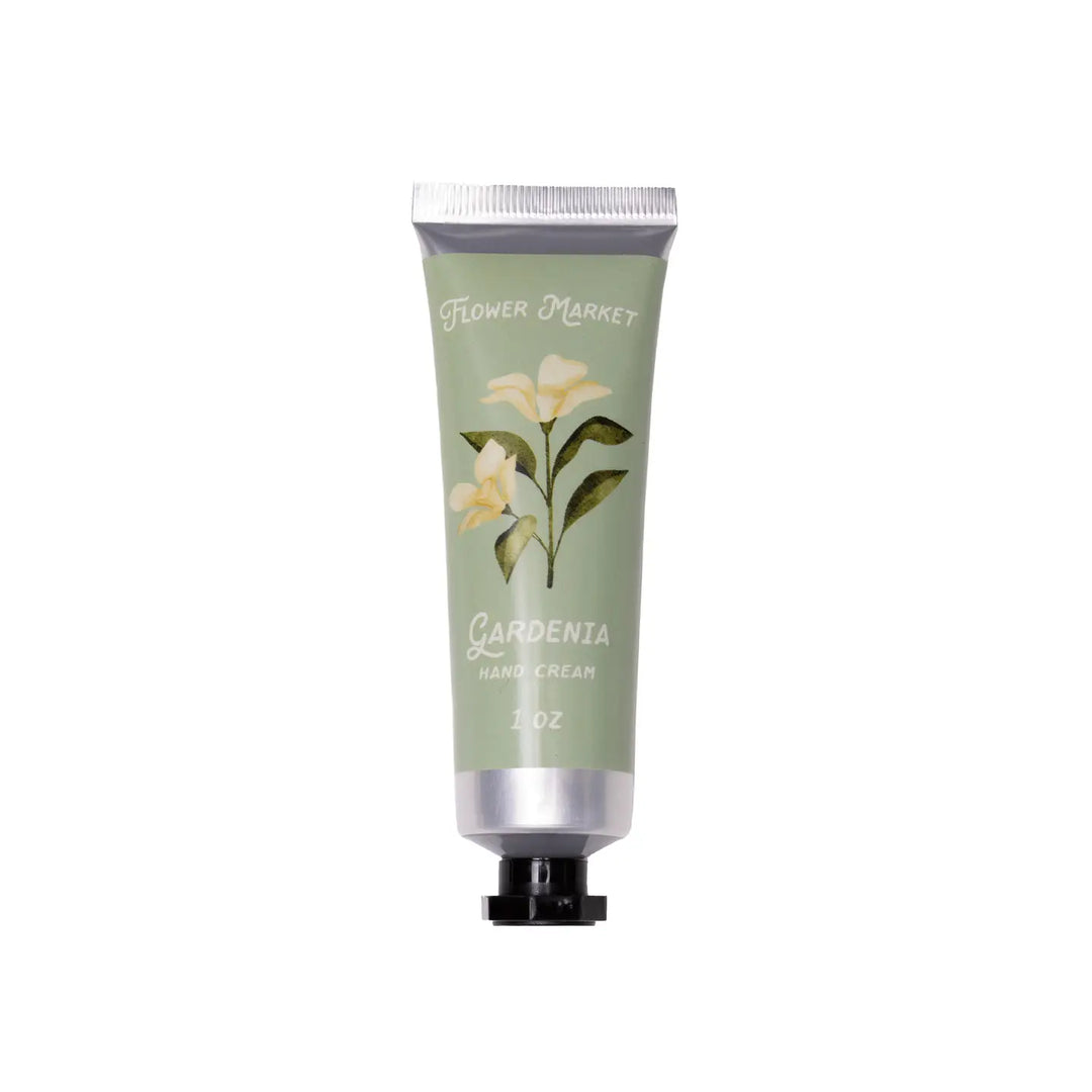 1 oz tube of Gardenia-scented hand cream with a light green label featuring white gardenia flowers and the words “Flower Market” and “Gardenia Hand Cream.”