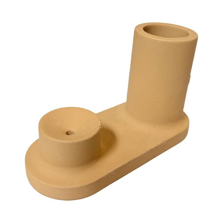 angled view of a yellow gold Incense and Match Holder with one side being taller than the other