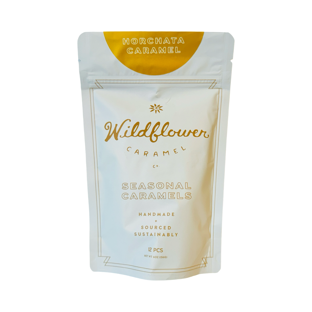 Photo of branded resealable pouch containing horchata caramel candy