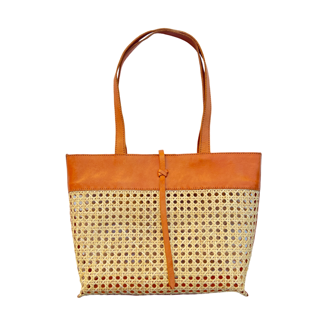 Rattan Cane Weave Tote Bag with Brown Leather Trim - Medium
