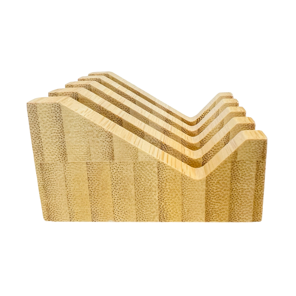 side view of a Slanted wooden soap dish made from bamboo, featuring grooved slots for drainage and a modern, eco-friendly design