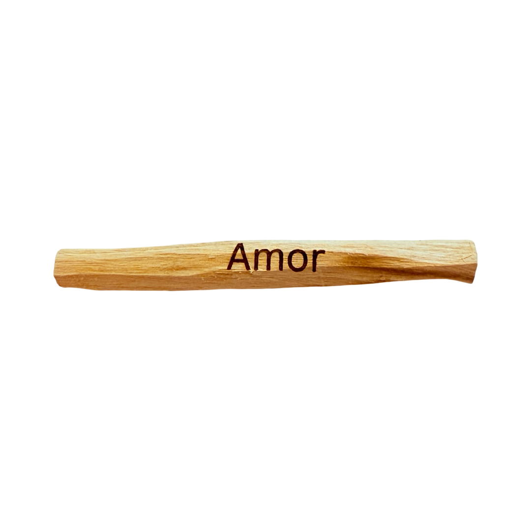 palo santo stick engraved with the word Amor - Love.