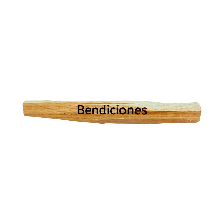 palo santo stick engraved with the word bendiciones - blessings.