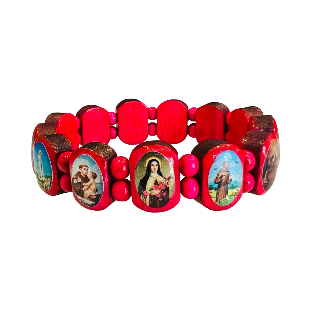 red bracelet with assorted images of saints on small square wood panels and red color wooden beads.