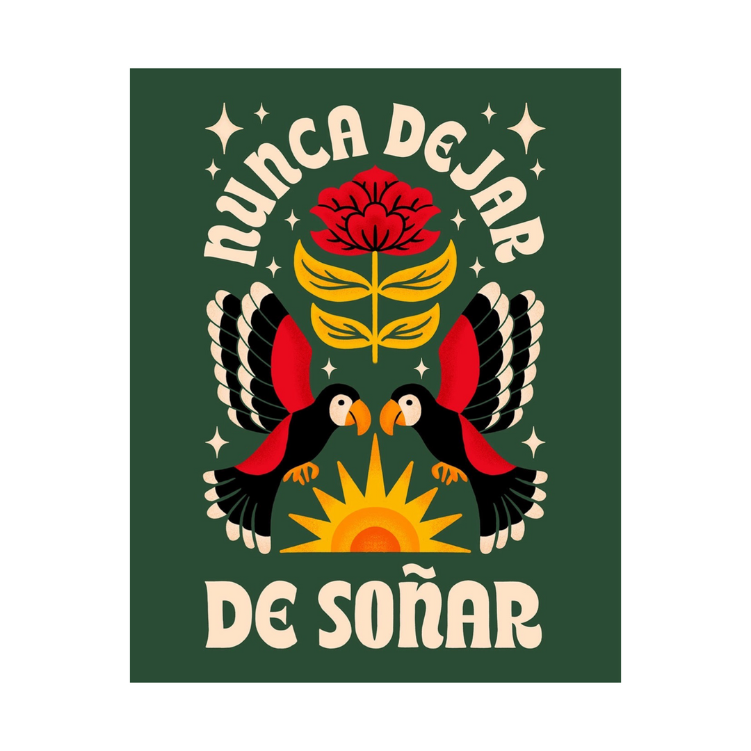 green card with images of two birds, a rose and sun featuring the phrase Nunca Dejar De Soñar in cream lettering