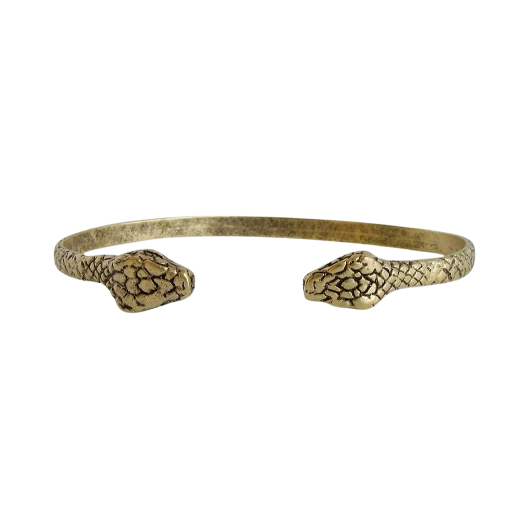 gold snake cuff bracelet that features two snack heads