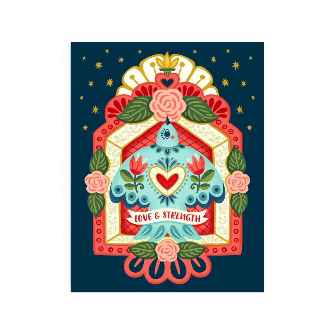 Navy blue card with an illustration of a teal bird and a red and gold frame with pink roses and the the phrase Love & Strength over a white banner in red lettering.