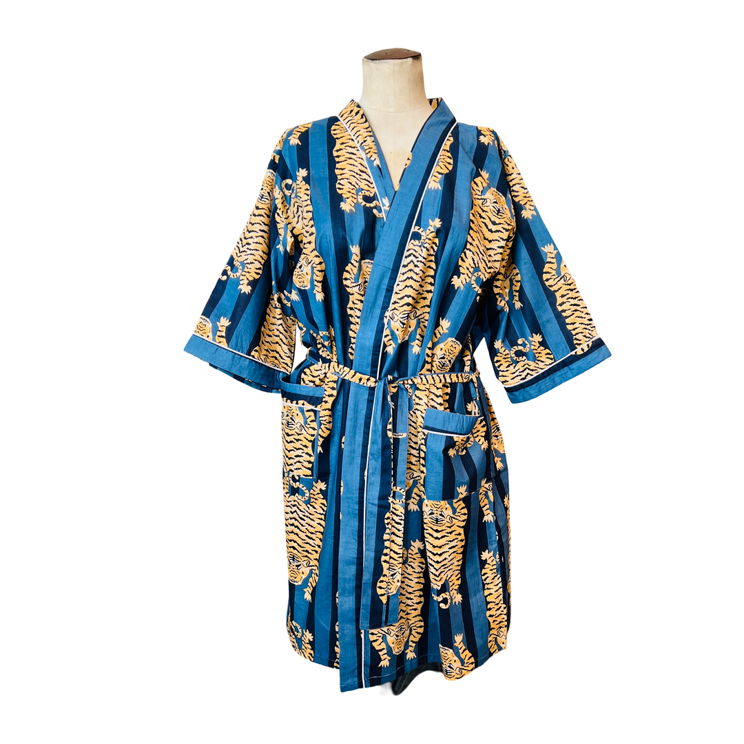 robe with navy blue & indigo stripes, combined with a tiger motif