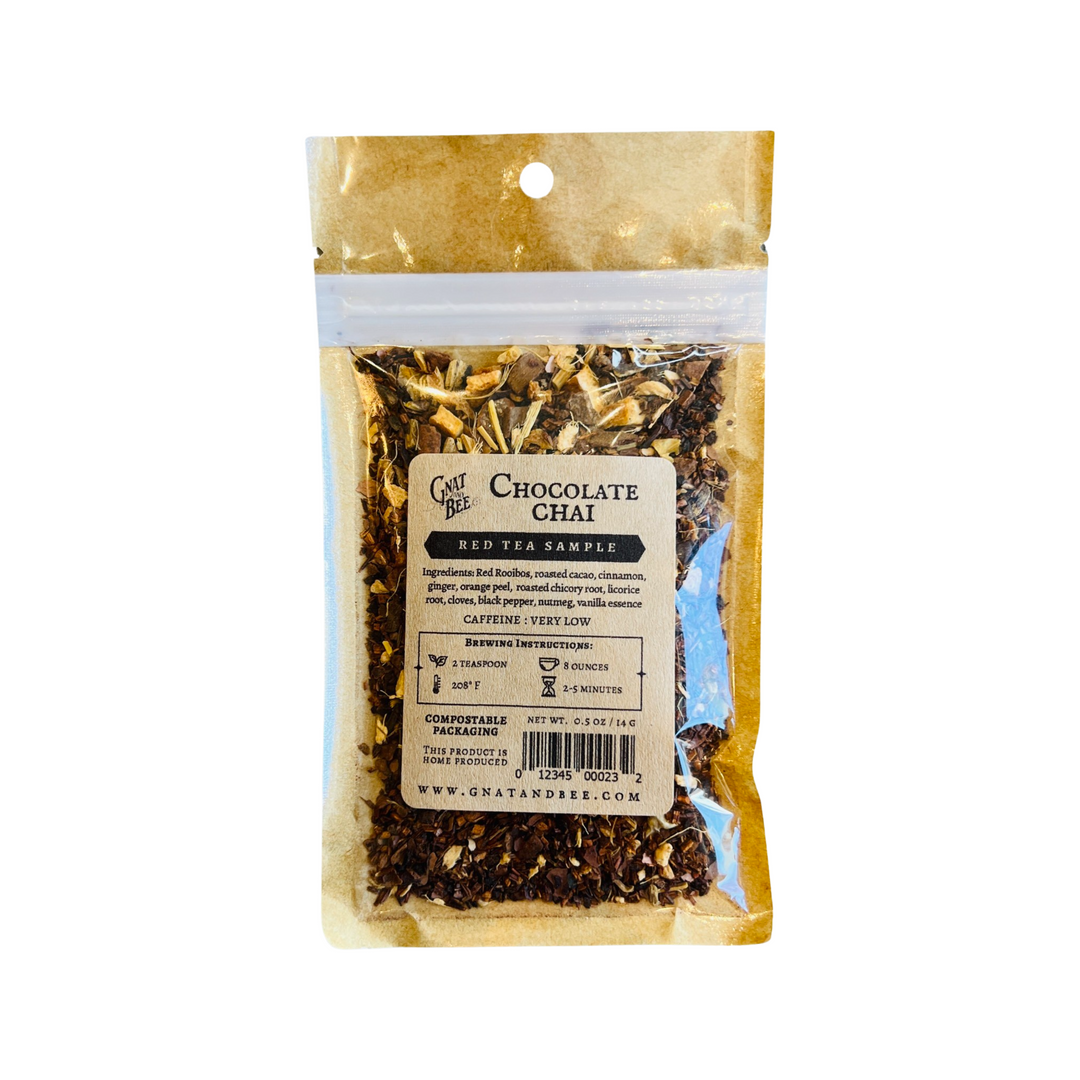 .5 oz kraft pouch with chocolate chai loose leaf tea and a branded kraft label