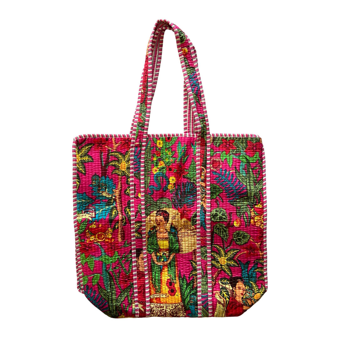 Vibrant woven tote bag featuring colorful depictions of traditional Mexican art, adorned with floral and cultural motifs.