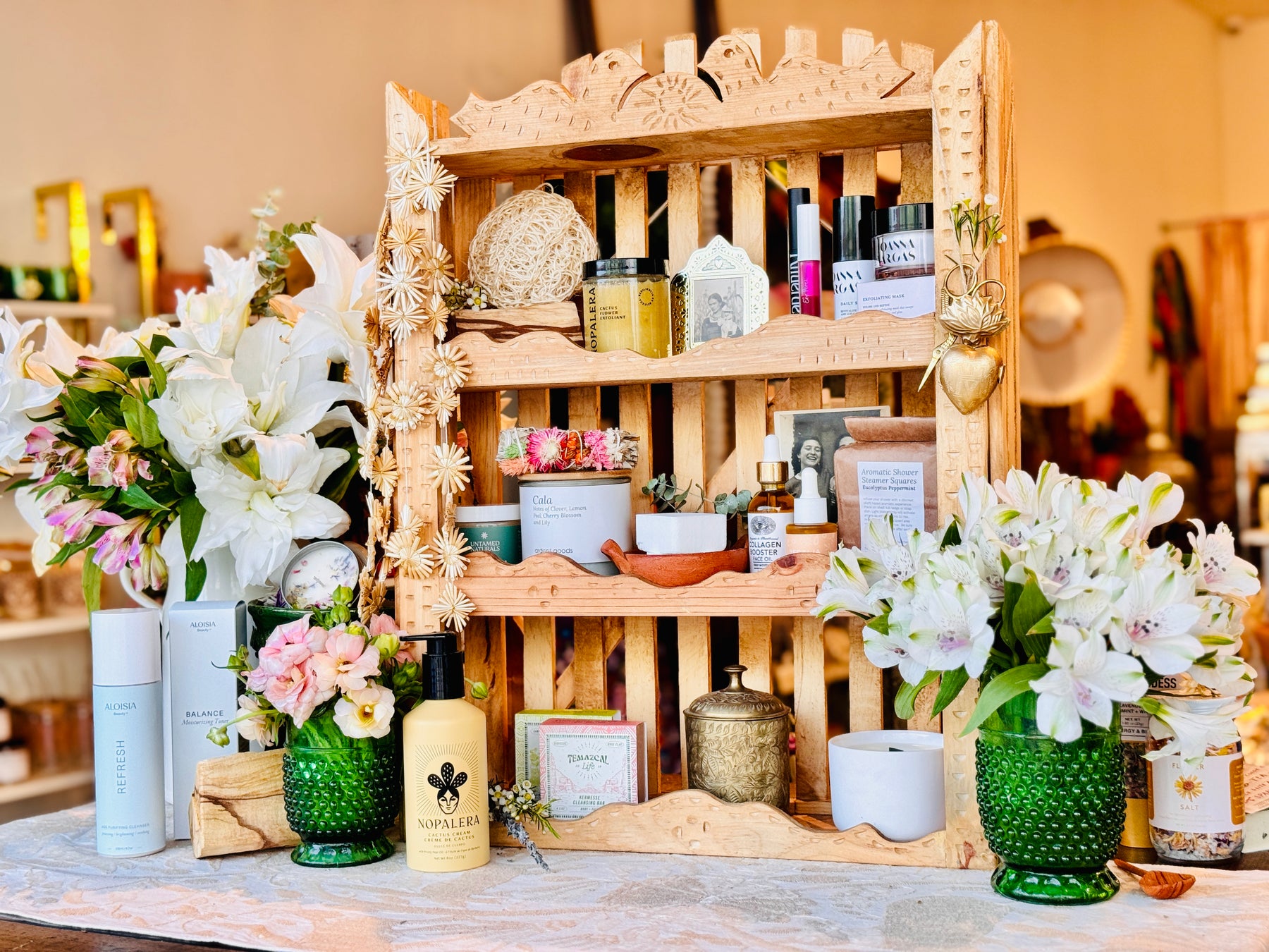 Photo of various self care products in a wood trastero