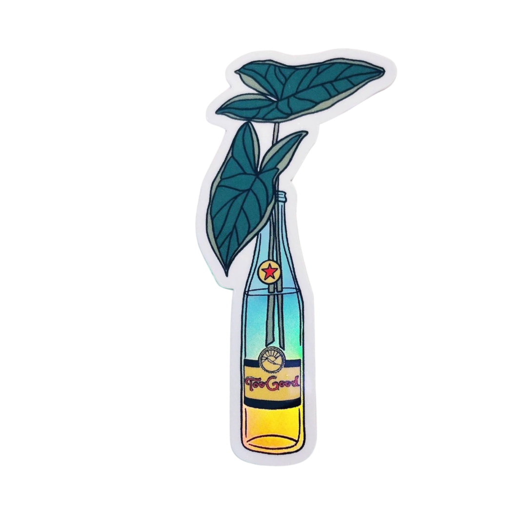 An illustration of a topochico bottle with a propagated plant and the phrase Too Good on the label of the bottle.