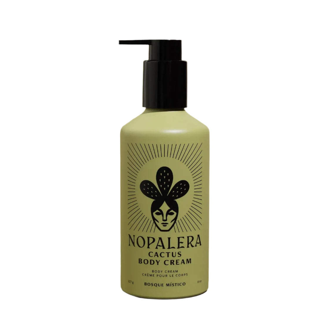 8 oz sage green bottle of cactus cream featuring an image of a woman wearing a cactus crown. Brand: Nopalera