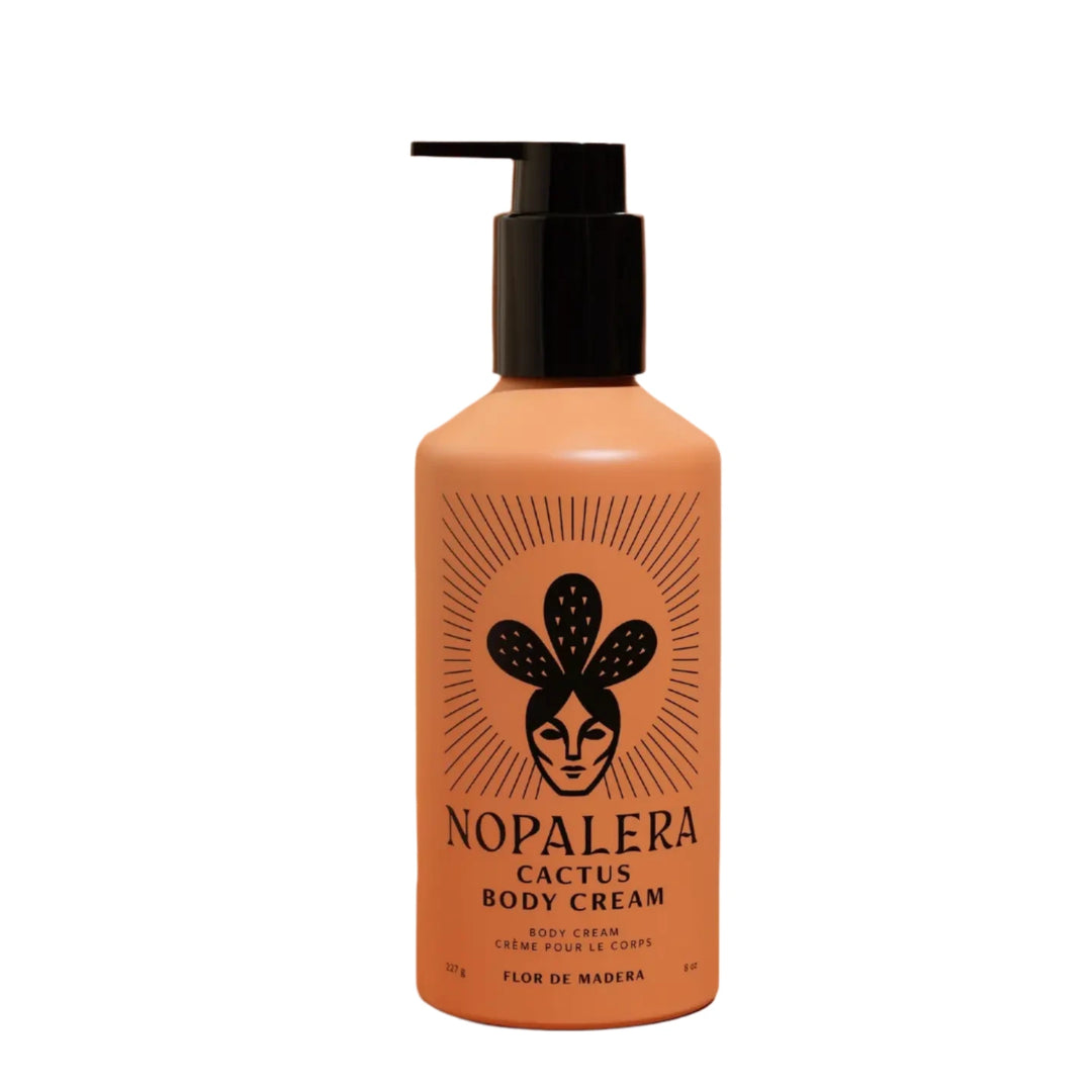 8 oz orange bottle of cactus cream featuring an image of a woman wearing a cactus crown. Brand: Nopalera