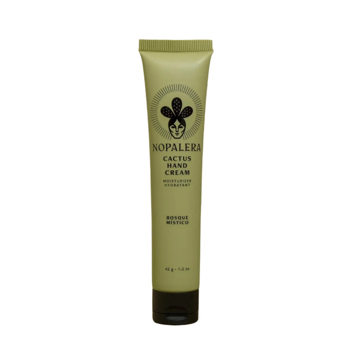 1.5 oz sage green tube with black lid of cactus cream featuring an image of a woman wearing a cactus crown. Brand: Nopalera