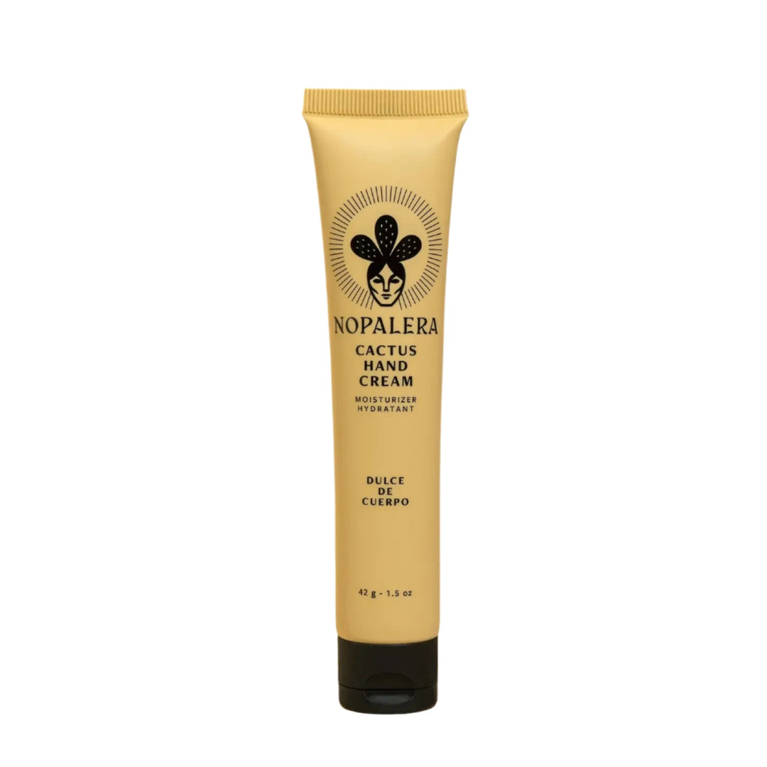 1.5 oz beige tube with black lid of cactus cream featuring an image of a woman wearing a cactus crown. Brand: Nopalera