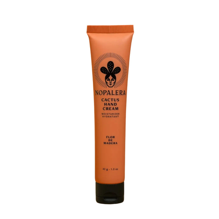1.5 oz orange tube with black lid of cactus cream featuring an image of a woman wearing a cactus crown. Brand: Nopalera