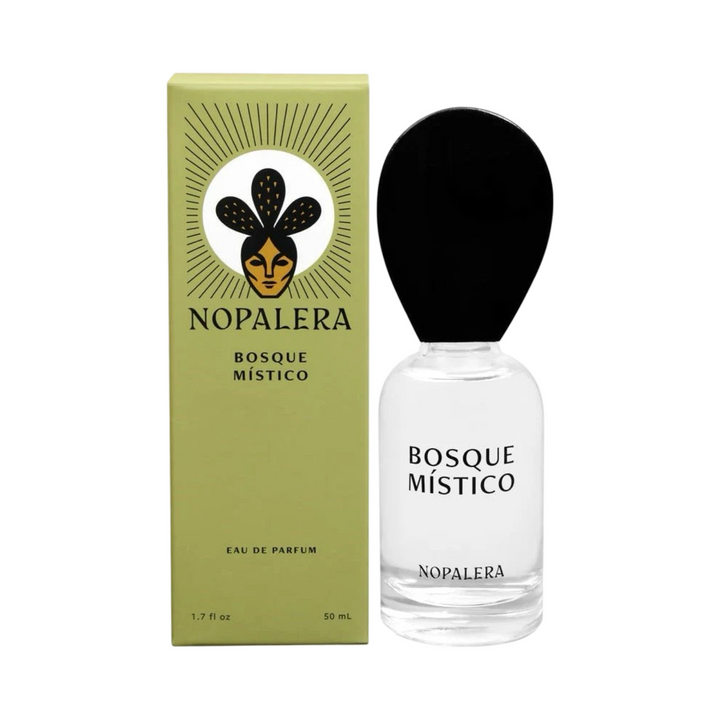 clear 50ml jar with a black top flanked by a sage green branded box of Bosque Mistico Nopalera perfume