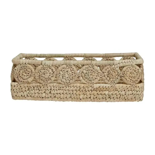 Rectangular handwoven palm basket with decorative round medallion accents along the upper sides, shown from the front.