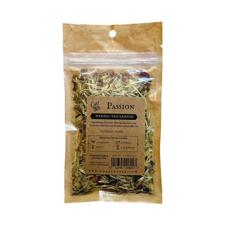 .5 oz kraft pouch of passion herbal tea and a branded kraft label with a clear window that displays the dried herbs and flowers.