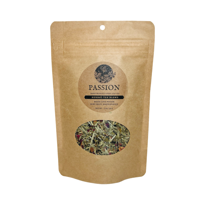 2 oz kraft pouch of Passion tea with a branded label and a clear window that displays the dried herbs and flowers that makes the tea.