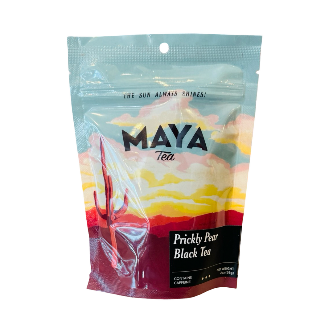 2 oz pouch of Prickly Pear Black tea by Maya Tea with a desert sunset design.