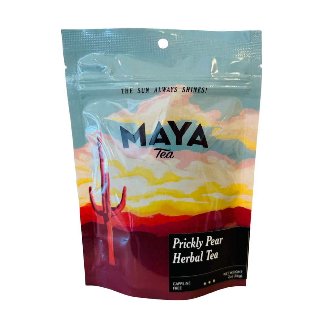 2 oz pouch of Prickly Pear herbal tea by Maya Tea with a desert sunset design.
