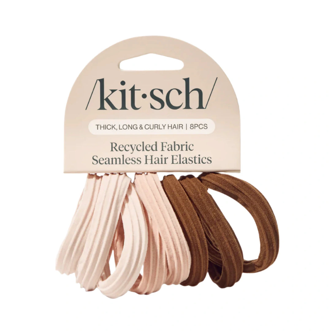 Set of eight seamless hair elastics in blush pink and brown tones, displayed on a Kitsch branded card labeled “Recycled Fabric Seamless Hair Elastics” for thick, long, and curly hair.